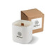 Premium Square Glass Candle - A square, white glass candle with a wooden wick, accompanied by a brown cardboard box. Branding is visible on the box.