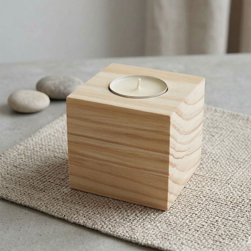 Wood Cube Candle - A square wooden candle holder with a light-coloured wood finish and a small white candle on top, placed on a textured surface.