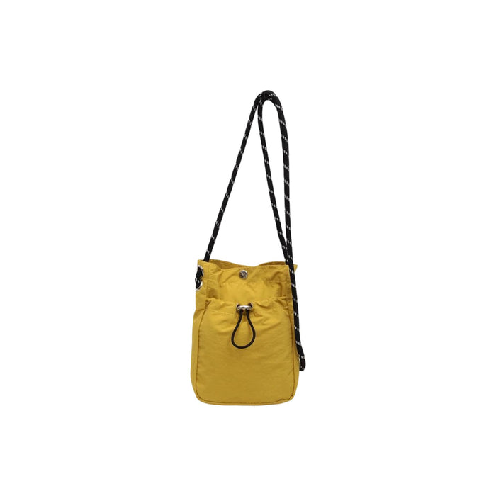 Lightweight Shoulder Phone Bag - A lightweight yellow shoulder bag with a black and white strap and a drawstring closure.