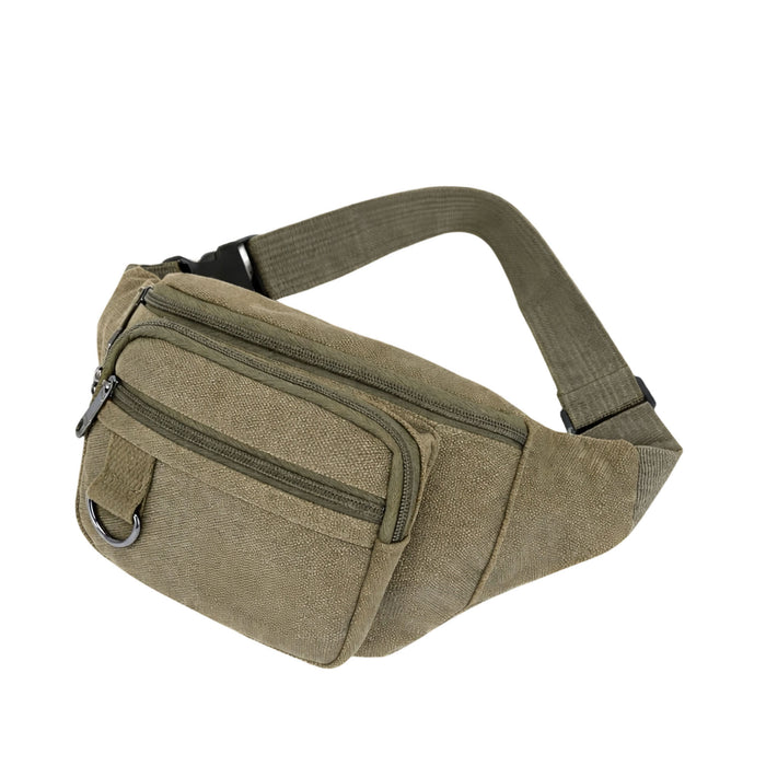 Canvas Waist Bag - A khaki canvas waist bag featuring multiple zippered pockets and an adjustable strap. It has a logo on the side.
