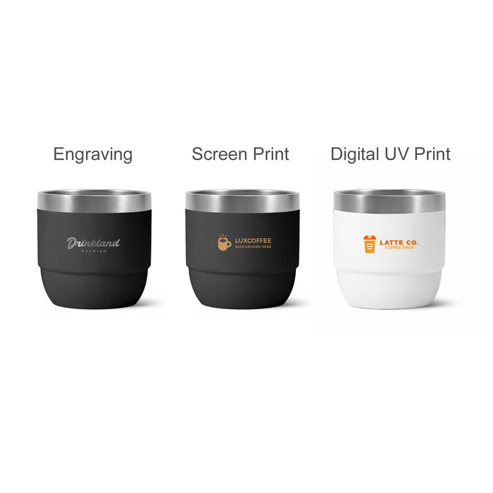Stackable Stainless Steel Tumbler - Three stackable stainless steel tumblers in black and white, featuring different logos and prints.