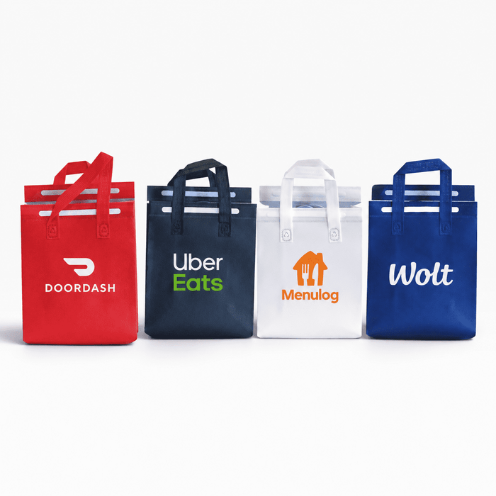 5L Insulated Reusable Bag - A collection of insulated reusable bags in red, navy, white, and blue, each featuring a logo.