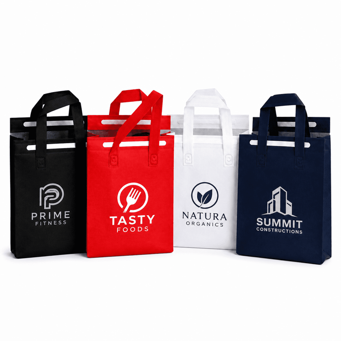 8L Insulated Reusable Bag - A set of four insulated reusable bags in black, red, white, and navy, each featuring a logo.