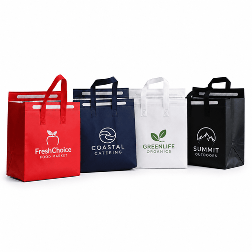 13L Insulated Reusable Bag - Five insulated reusable bags in red, navy, white, and black, each with handles and different logos.