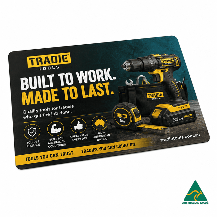 Deluxe Mouse Mat A4 (297mm x 210mm) - A promotional mouse mat featuring a black and yellow power drill, with a logo and various tool images on a textured background.