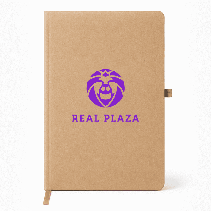 NFC A5 Smart Notebook - A tan A5 notebook featuring a purple logo on the front cover. The notebook includes a closure strap.