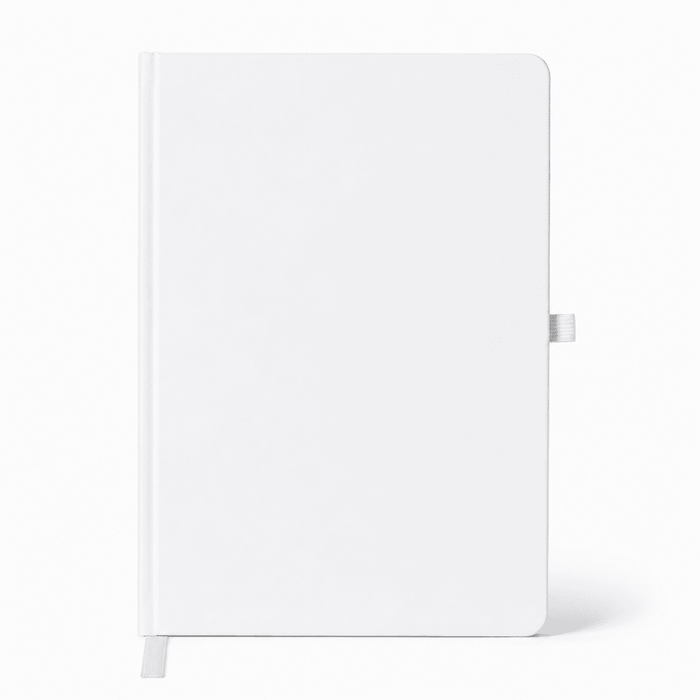 NFC A5 Smart Notebook - A white A5 smart notebook with a smooth cover and a ribbon bookmark, featuring a logo on the front.