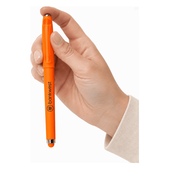 Fidget Gel Pen - An orange Fidget Gel Pen held in a hand, featuring a logo on its side.