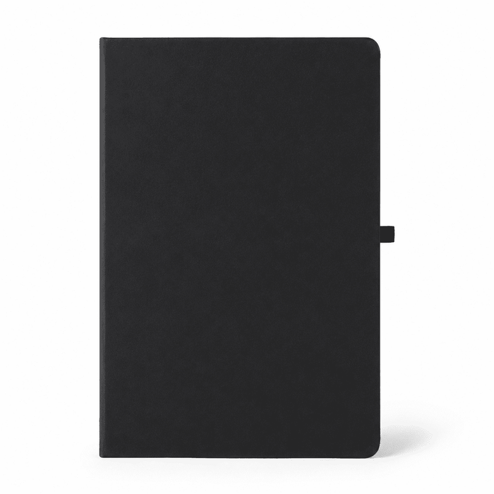 NFC A5 Smart Notebook - A black A5 notebook with a smooth cover and a closure strap, featuring a logo on the front.