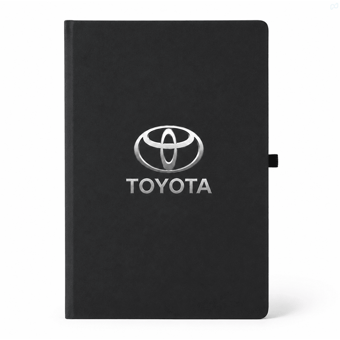 NFC A5 Smart Notebook - A black A5 notebook with a glossy logo on the front cover. It features a simple design and a secure closure.