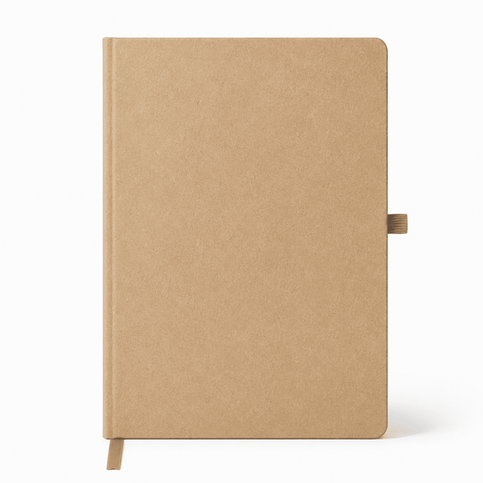 NFC A5 Smart Notebook - A tan A5 smart notebook with a ribbon bookmark and a subtle logo on the cover.