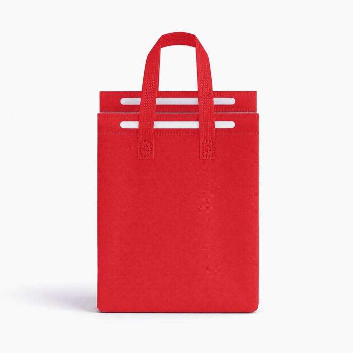 8L Insulated Reusable Bag - A red insulated reusable bag with two top handles, featuring a simple design and a logo on the front.