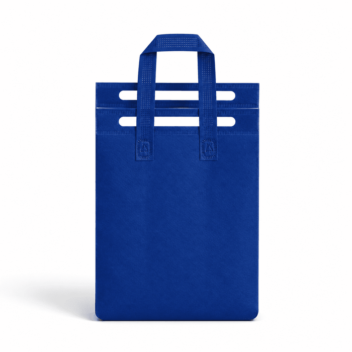 13L Insulated Reusable Bag - A blue insulated reusable bag with multiple handles and a smooth surface, featuring a logo.