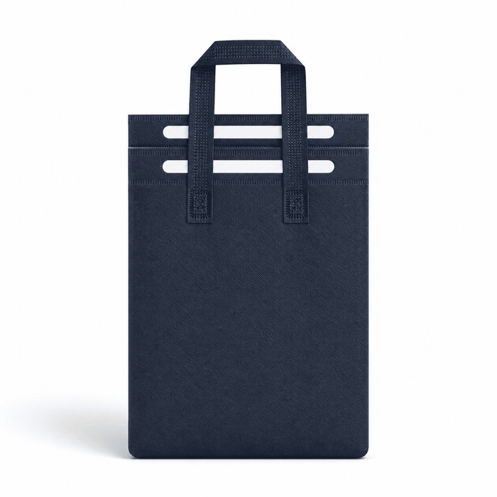 13L Insulated Reusable Bag - A navy blue insulated reusable bag with two handles and a simple design. It features a logo on the front.