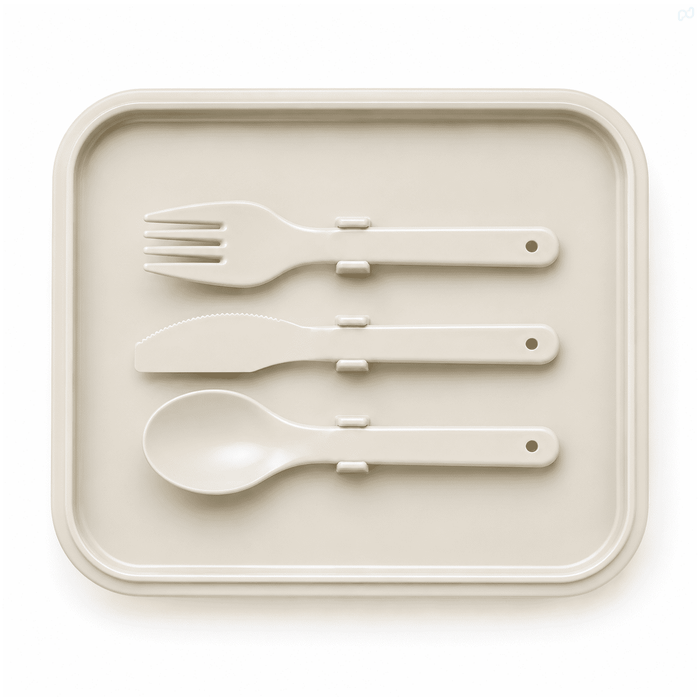 Stack & Go Lunchbox - A beige tray featuring a fork, knife, and spoon, all with a sleek, modern design. The tray has a subtle logo.