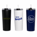 The Connor 600ml Vacuum Tumbler - Three vacuum tumblers in black, white, and navy blue, each with a straw and a logo on the front.