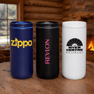 The Siena 450ml Vacuum Tumbler - A drink bottle trio featuring a navy blue, black, and white vacuum tumbler with various logos.