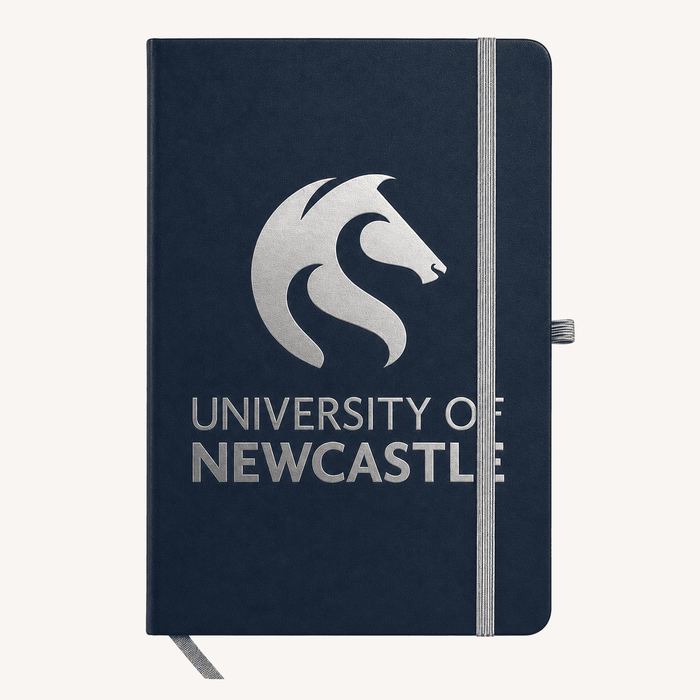 Discovery A5 Notebook - A navy A5 notebook with a branded logo on the cover and an elastic band closure.