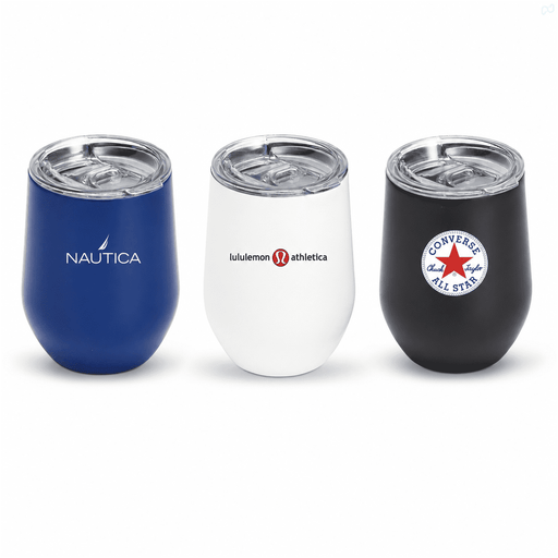 Zen Mirror Finish Mugs (350mL) - Three insulated mugs with lids in blue, white, and black, featuring different logos.