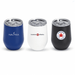 Zen Mirror Finish Mugs (350mL) - Three insulated mugs with lids in blue, white, and black, featuring different logos.