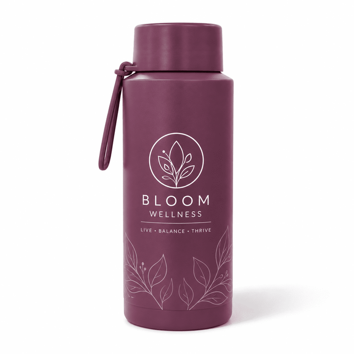 The Sofia 1L Bottle - A drink bottle in a deep purple shade featuring a floral design and a logo.