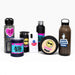 Ultra Colour Decal Sheets - A variety of drink bottles and containers in purple, black, and clear, featuring colourful decals and logos.