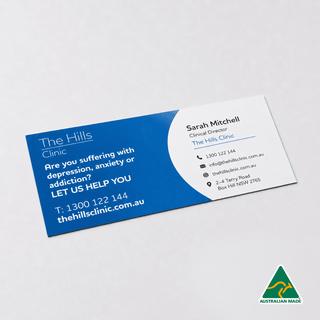 DL Magnet (99mm x 210mm Square Corners) - A rectangular clinic business card featuring blue and white colours, with a logo and contact information.