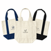 Mini Canvas Tote - Three mini canvas tote bags in natural, navy blue, and black with various logos on the front.