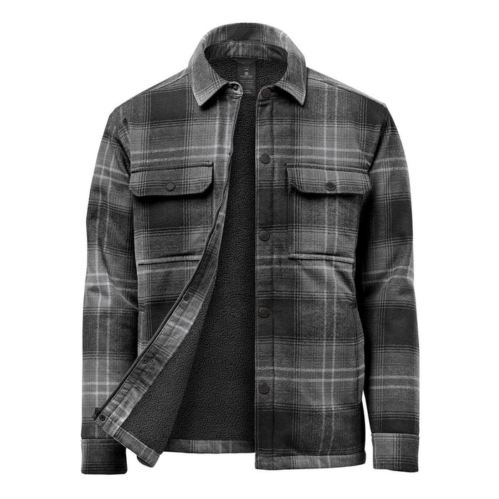 Men's Highland Sherpa Lined Plaid Jacket - A men's plaid jacket in black and grey, featuring a Sherpa lining and two front pockets. It has a logo on it.