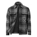 Men's Highland Sherpa Lined Plaid Jacket - A men's plaid jacket in black and grey, featuring a Sherpa lining and two front pockets. It has a logo on it.