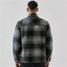 Men's Highland Sherpa Lined Plaid Jacket - A plaid jacket with a Sherpa lining in shades of grey, featuring a collar and long sleeves. The back view is shown.