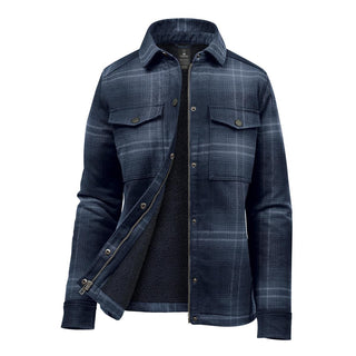Women's Highland Sherpa Lined Plaid Jacket - A women's plaid jacket in navy blue, featuring a Sherpa lining and two chest pockets. It has a branded logo.