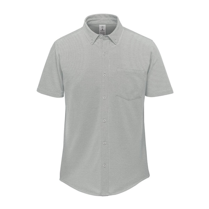 Men's Sonora Short Sleeve Knit Shirt - A light grey men's short sleeve knit shirt featuring a button-up collar and a front pocket. It has a logo on it.