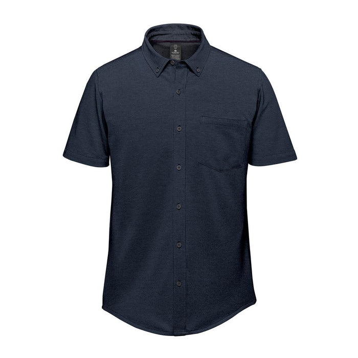 Men's Sonora Short Sleeve Knit Shirt - A navy short sleeve knit shirt featuring a button-down collar and a chest pocket, with a logo on the label.