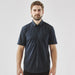 Men's Sonora Short Sleeve Knit Shirt - A man wearing a navy blue short sleeve button-up shirt with a pocket and a logo on the chest.