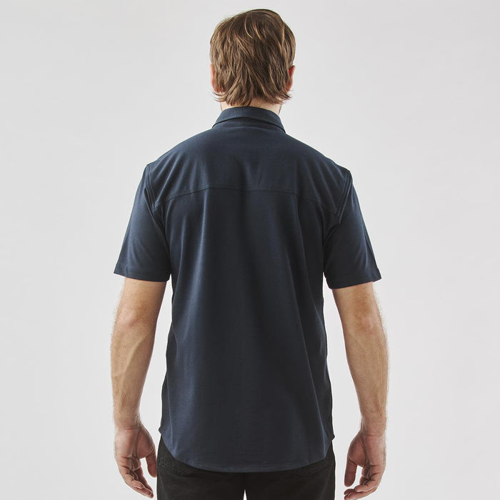 Men's Sonora Short Sleeve Knit Shirt - A Men's Sonora short sleeve knit shirt in navy, featuring a plain back design and a collar.