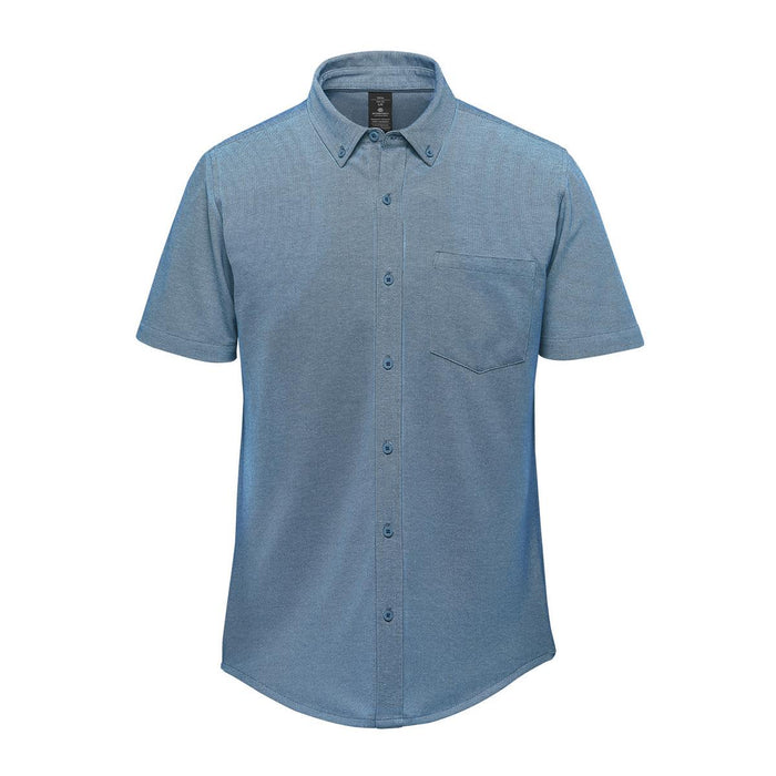 Men's Sonora Short Sleeve Knit Shirt - A short-sleeve knit shirt in shades of blue, featuring a button-up front and a chest pocket. It has a logo.