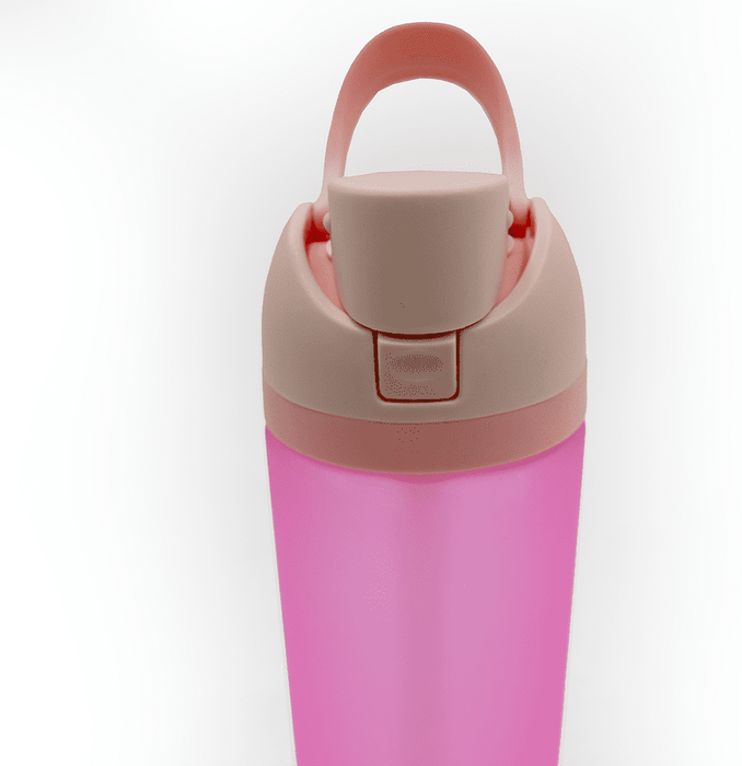 The Bondi 700ml Drinking Bottle - A drink bottle in pink with a beige lid and a handle, featuring a secure top closure and a logo.