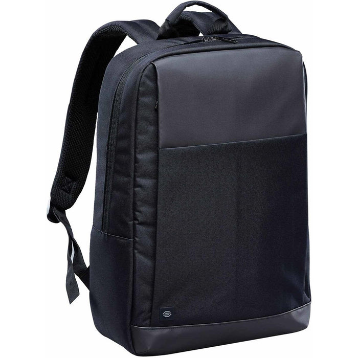 Cupertino Commuter Pack - A black laptop backpack with a sleek design and a front pocket, featuring a logo on the side.