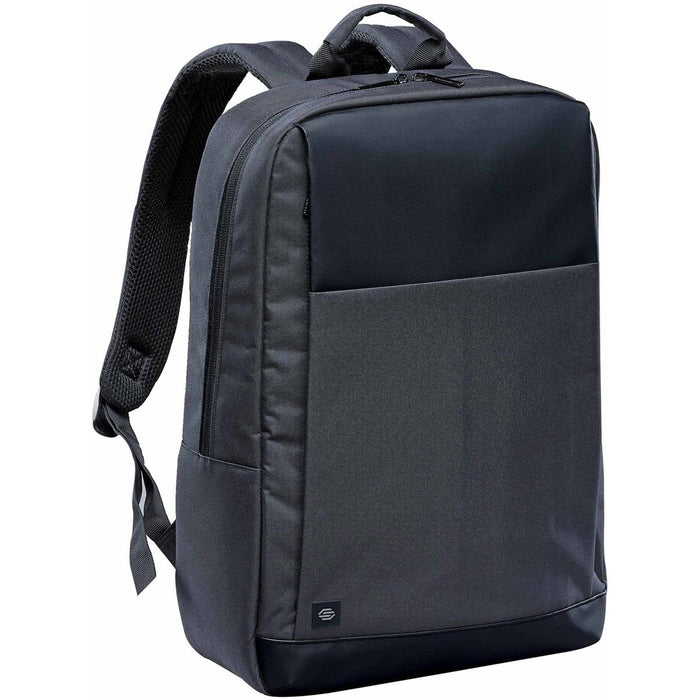 Cupertino Commuter Pack - A black laptop backpack with a sleek design, featuring padded straps and a front pocket. It has a logo on the side.