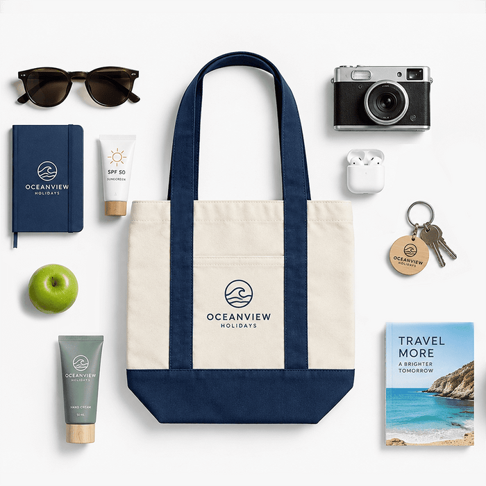 Mini Canvas Tote - A mini canvas tote in navy and cream, surrounded by sunglasses, a camera, skincare products, and a notebook.