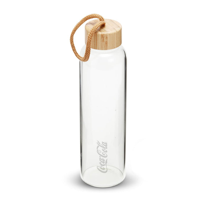 Vidro 1L Bottle - A drink bottle made of clear glass with a wooden lid and a rope handle. It features a logo on the front.