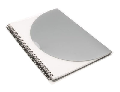 Curve Notepad-Large- Silver A4 - A large silver A4 notepad with a spiral binding and a transparent cover. It features a logo on the front.