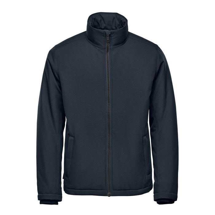 Men's Athabasca Thermal Jacket - A navy blue Men's Athabasca Thermal Jacket features a high collar and front zip, with side pockets and a logo.