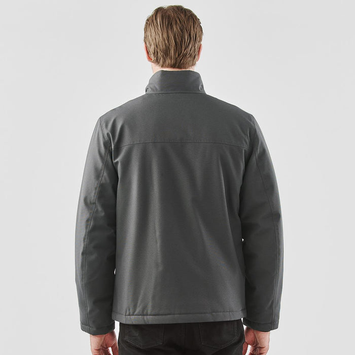 Men's Athabasca Thermal Jacket - A men's thermal jacket in dark grey, featuring a classic collar and a back view. It includes a logo.