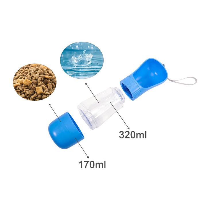 Pet Water Bottle with Food Container - A drink bottle with a clear container and blue lid, featuring a water compartment and a food compartment.