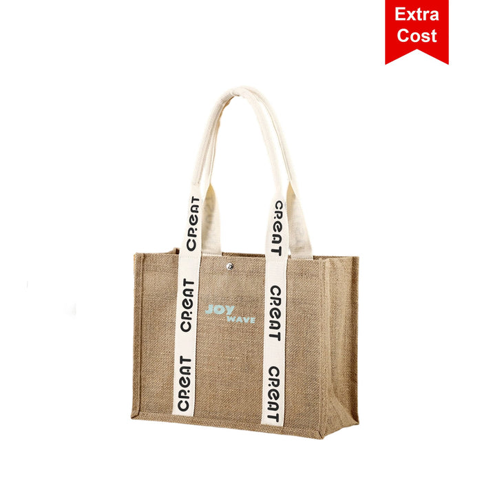 Custom Handle Jute Tote Bag - A jute tote bag in natural tones with cream handles and a logo. Features decorative straps with text.