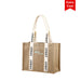 Custom Handle Jute Tote Bag - A jute tote bag in natural tones with cream handles and a logo. Features decorative straps with text.
