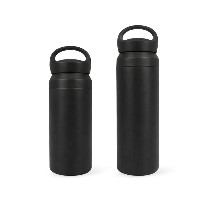 350ML/500ML Double Wall Stainless Steel Drink Bottle with Handle - A drink bottle set featuring two black double wall stainless steel bottles with handles, in 350ML and 500ML sizes.