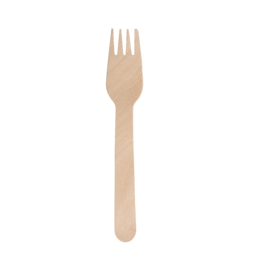Pack of 100 Per Pack Disposable Wooden Cutlery - (Forks /Spoons/Knives/2 in 1 Spoon and fork)-(Big) - A wooden fork with a smooth finish and light natural colour, part of a disposable cutlery set.